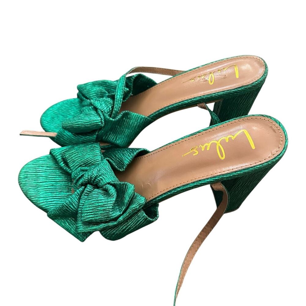 Lulus Lilsa Green Metallic Bow Platform Ankle Strap Heels Size 8.5 - Picture 3 of 10